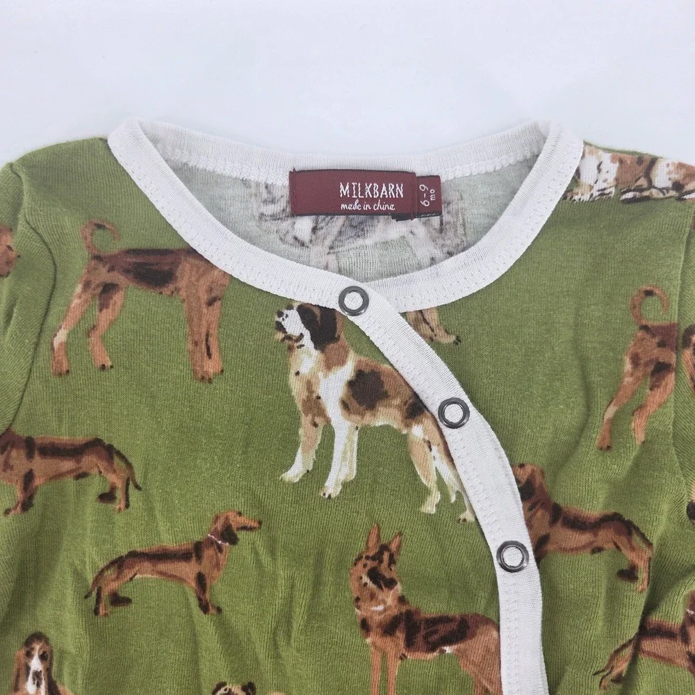 Milkbarn Baby Dog Print Bamboo Footed Sleeper Green Snaps 6-9 Months
